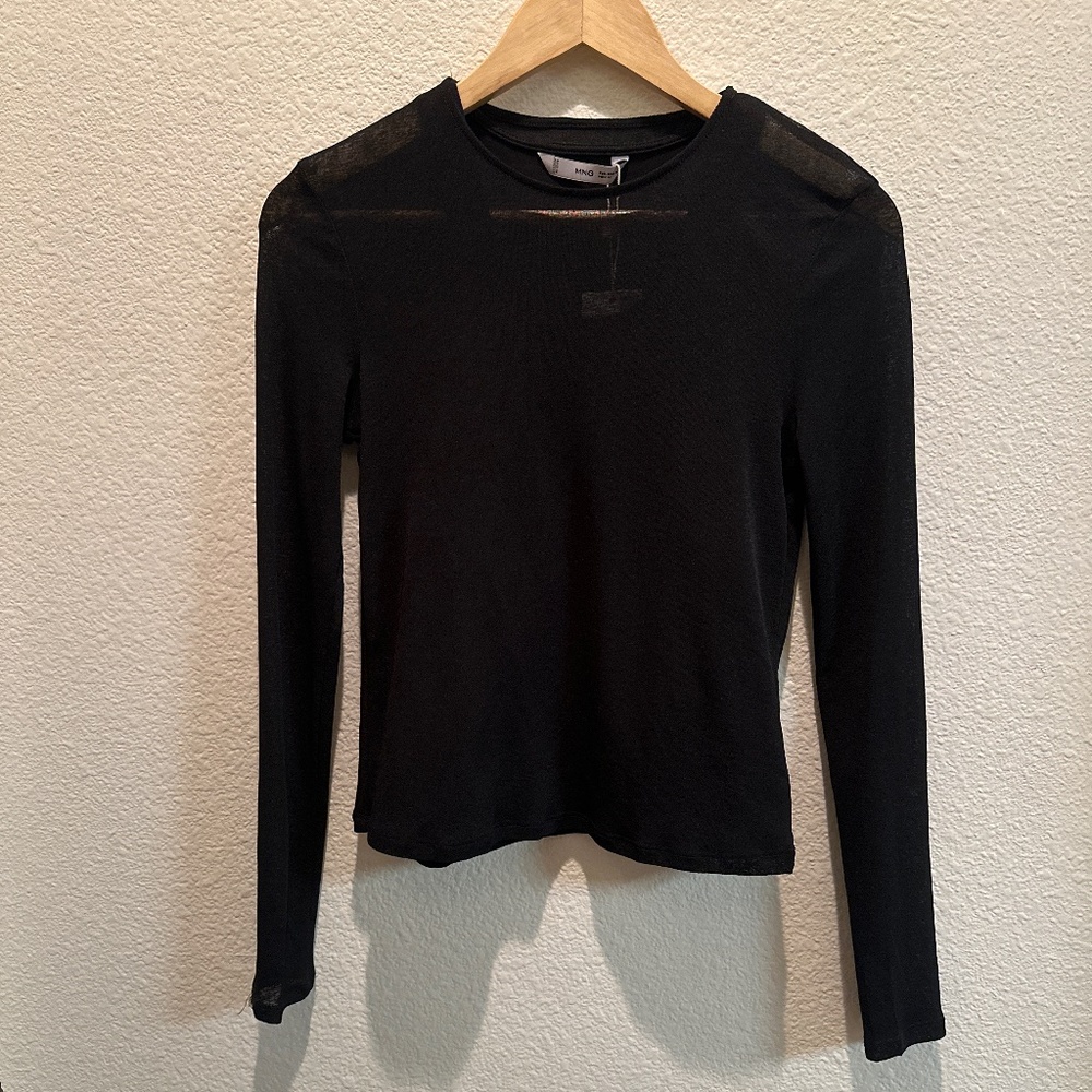 Mango Black Crew Neck Long Sleeve Colton blend sheer tshirt